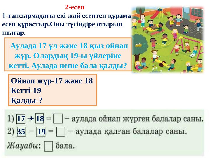 2-есеп 1-тапсырмадағы екі жай есептен құрама есеп құрастыр.Оны түсіндіре отырып шығар. Аулада 17 ұл және 18 қыз ойнап жүр.