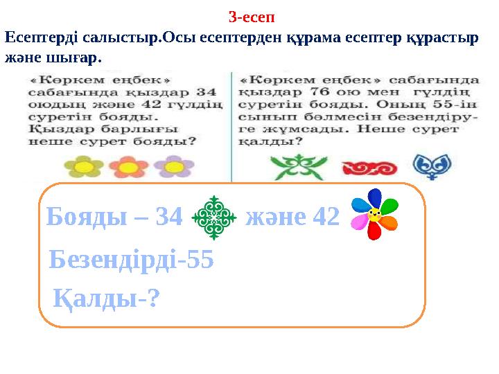 3-есеп Есептерді салыстыр.Осы есептерден құрама есептер құрастыр және шығар. Бояды – 34 және 42 Безендірді-55 Қалды-?