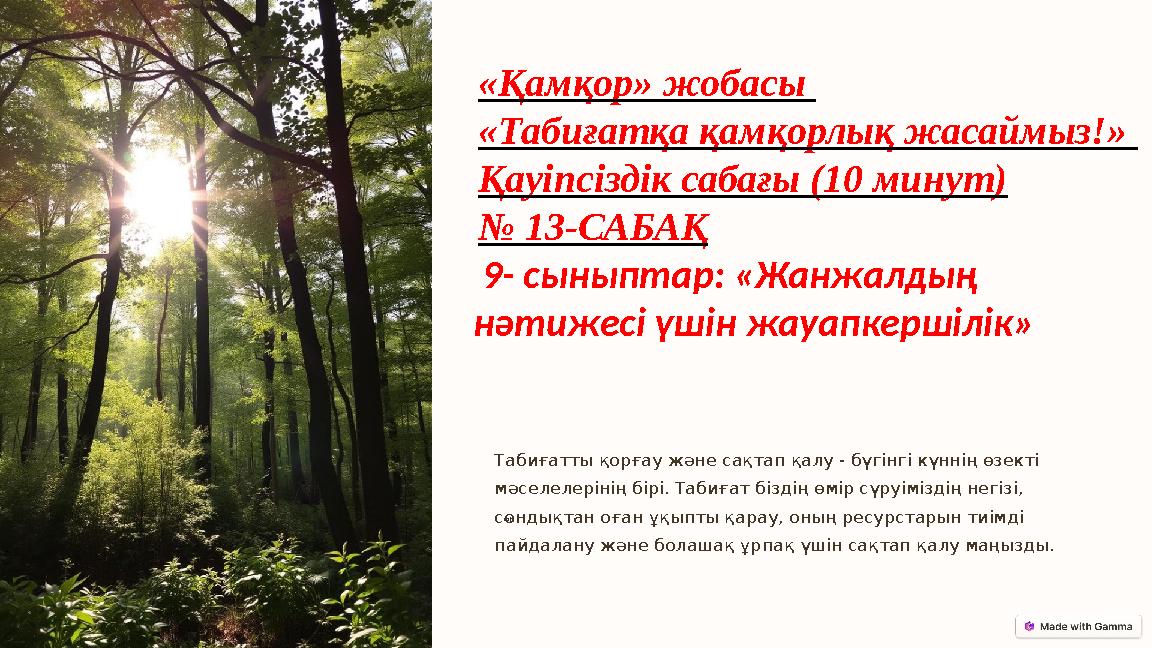 «Қамқор» жобасы «Табиғатқа қамқорлық жасаймыз!» Қауіпсіздік сабағы (10 минут) № 13-САБАҚ 9- сыныптар: «Жанжалдың нәтижесі үш