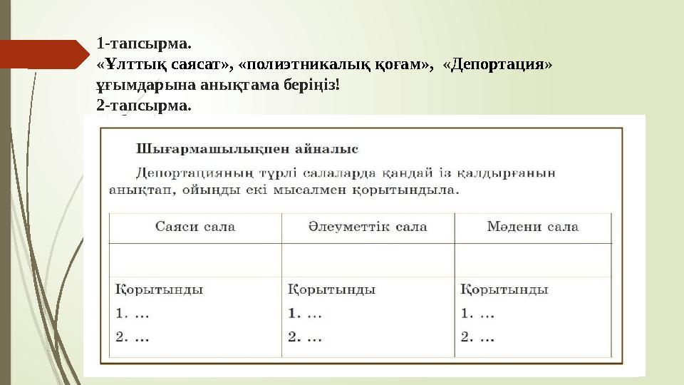 1-тапсырма. «Ұлттық саясат», «полиэтникалық қоғам», «Депортация» ұғымдарына анықтама беріңіз! 2-тапсырма.