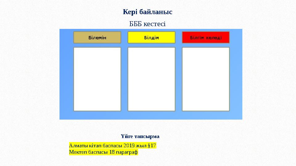 Кері байланыс БББ кестесі Үйге тапсырма Алматы кітап баспасы 2019 жыл §17 Мектеп баспасы 18 параграф