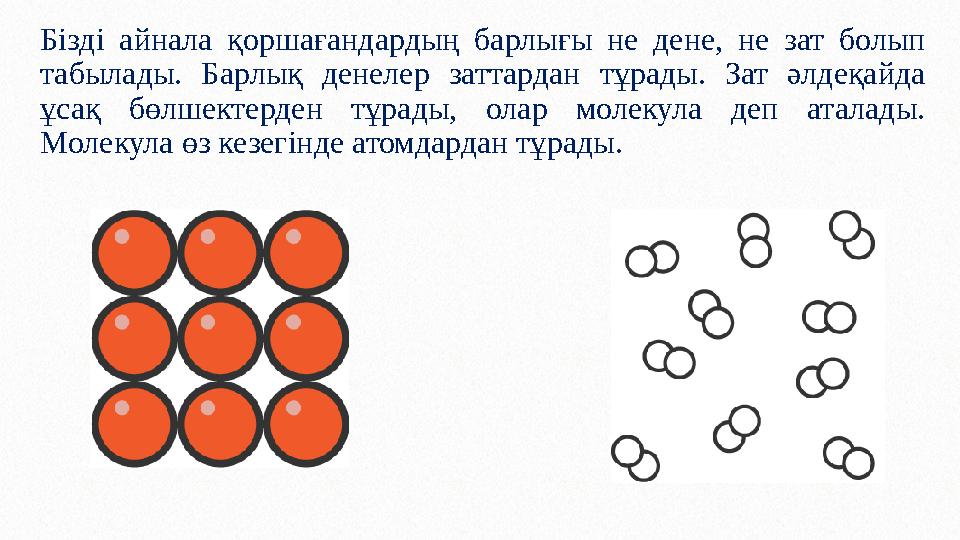 Бізді айнала қоршағандардың барлығы не дене, не зат болып табылады. Барлық денелер заттардан тұрады. Зат әлдеқайда ұсақ бөлше