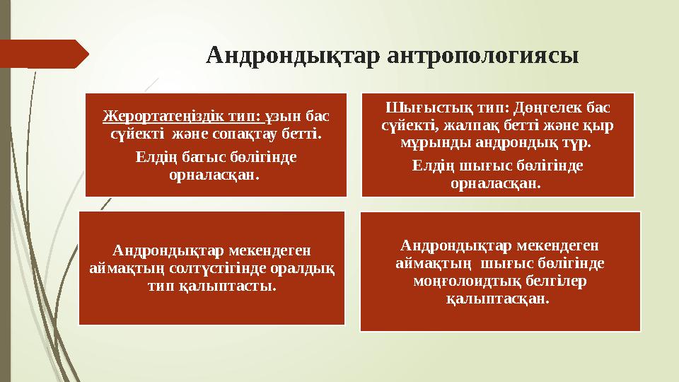 Андрондықтар антропологиясы Жерортатеңіздік тип: ұзын бас сүйекті және сопақтау бетті. Елдің батыс бөлігінде орн