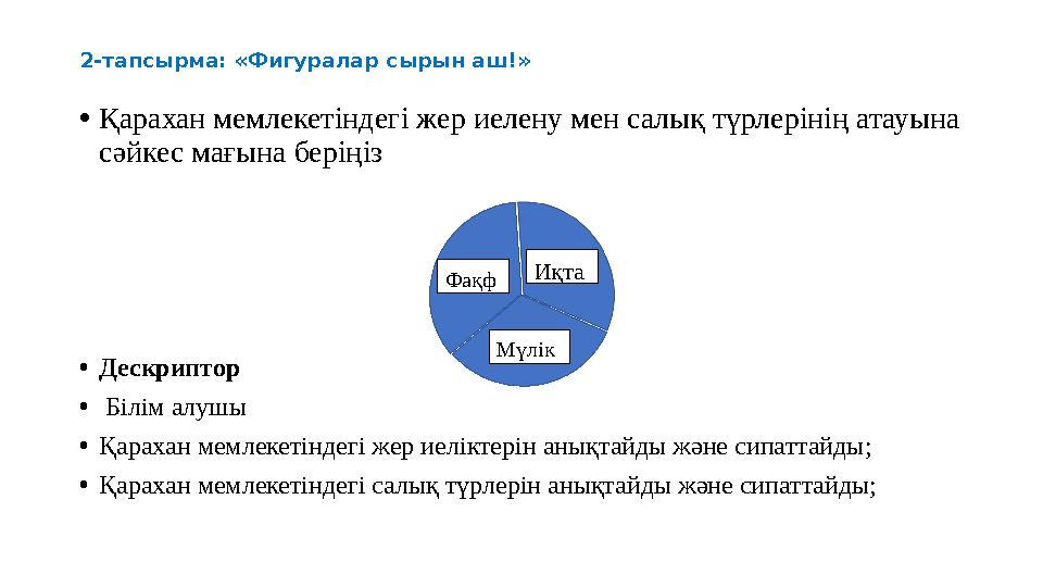 2-тапсырма: «Фигуралар сырын аш!» •Қарахан мемлекетіндегі жер иелену мен салық түрлерінің атауына сәйкес мағына беріңіз •Дескри