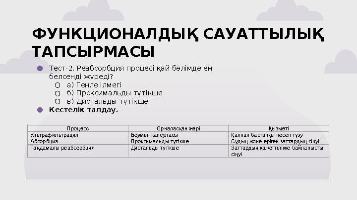 ФУНКЦИОНАЛДЫҚ САУАТТЫЛЫҚ ТАПСЫРМАСЫ ●Тест-2. Реабсорбция процесі қай бөлімде ең белсенді жүреді? ○а) Генле ілмегі ○б) Прок