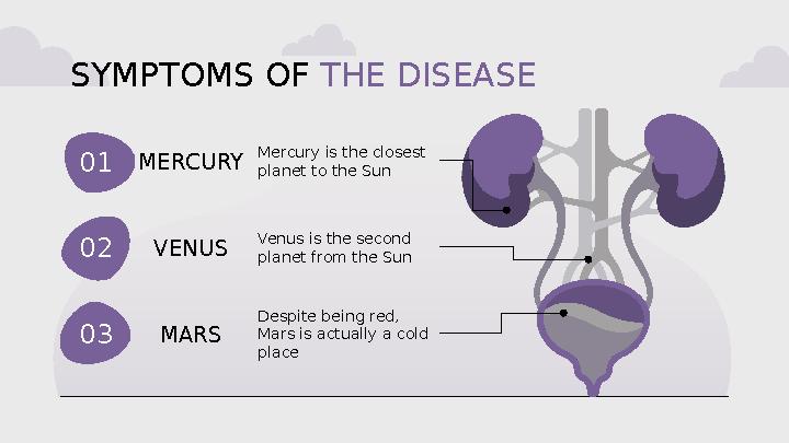 SYMPTOMS OF THE DISEASE MERCURY Mercury is the closest planet to the Sun VENUS Venus is the second planet from the Sun M