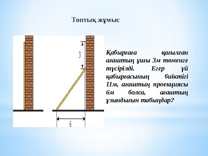 Қабырғаға қағылған ағаштың ұшы 3м төменге түсірілді. Егер үй қабырғасының биіктігі 11м, ағаштың проекциясы 6м болса, ағашты