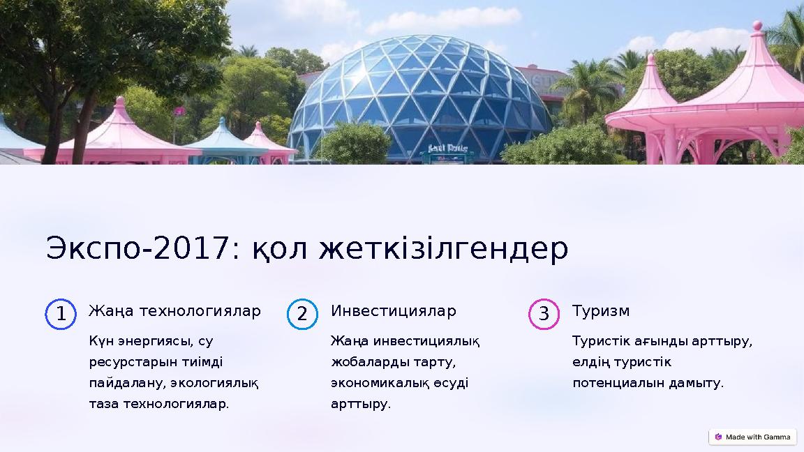 Экспо-2017: қол жеткізілгендер 1 Жаңа технологиялар Күн энергиясы, су ресурстарын тиімді пайдалану, экологиялық таза техноло