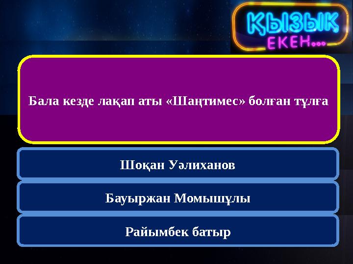 Бала кезде лақап аты «Шаңтимес» болған тұлға Шоқан Уәлиханов Бауыржан Момышұлы Райымбек батыр