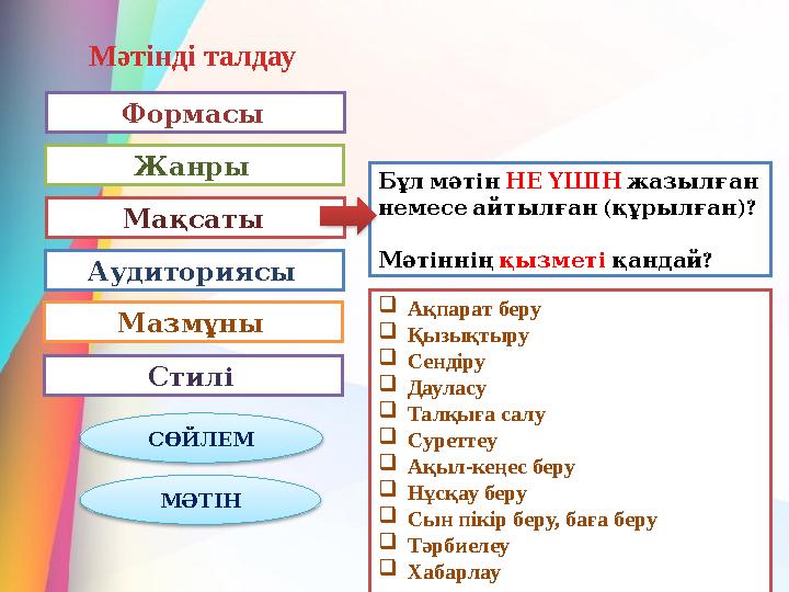 Мәтінді талдау Формасы Жанры Мақсаты Аудиториясы Мазмұны Стилі СӨЙЛЕМ МӘТІН Бұлмәтін НЕҮШІН жазылған ( )?