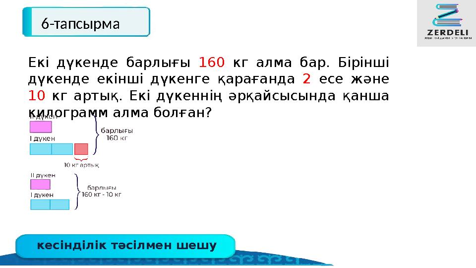 кесінділік тәсілмен шешу 6-тапсырма Екі дүкенде барлығы 160 кг алма бар. Бірінші дүкенде екінші дүкенге қарағанда 2 есе және 1