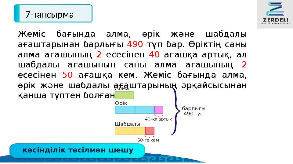 кесінділік тәсілмен шешу 7-тапсырма Жеміс бағында алма, өрік және шабдалы ағаштарынан барлығы 490 түп бар. Өріктің саны алма а