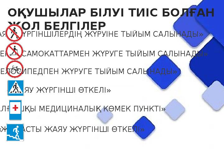ОҚУШЫЛАР БІЛУІ ТИІС БОЛҒАН ЖОЛ БЕЛГІЛЕР «ВЕЛОСИПЕДПЕН ЖҮРУГЕ ТЫЙЫМ САЛЫНАДЫ» «ЭЛЕКТР САМОКАТТАРМЕН ЖҮРУГЕ ТЫЙЫМ САЛЫНАДЫ» «ЖАЯУ