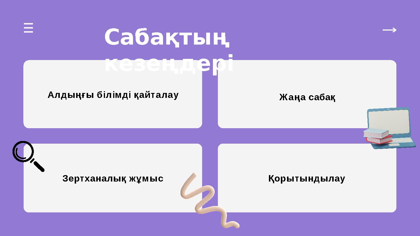 Сабақтың кезеңдері Алдыңғы білімді қайталау Жаңа сабақ Зертханалық жұмыс Қорытындылау