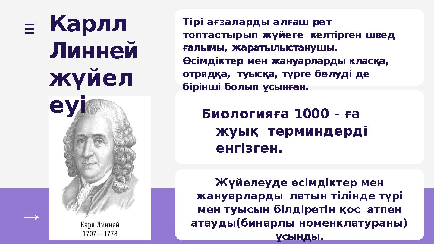 Карлл Линней жүйел еуі Тірі ағзаларды алғаш рет топтастырып жүйеге келтірген швед ғалымы, жаратылыстанушы. Өсімдіктер мен