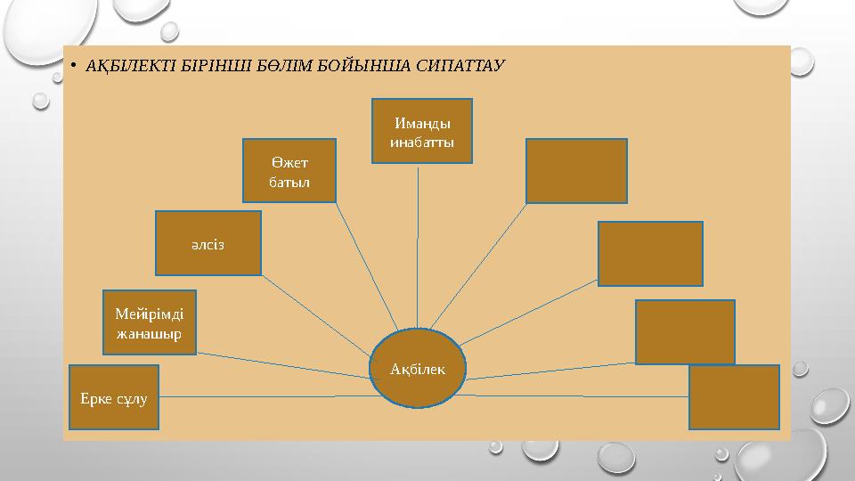 •АҚБІЛЕКТІ БІРІНШІ БӨЛІМ БОЙЫНША СИПАТТАУ Ақбілек Ерке сұлу Иманды инабатты Өжет батыл әлсіз Мейірімді жанашыр