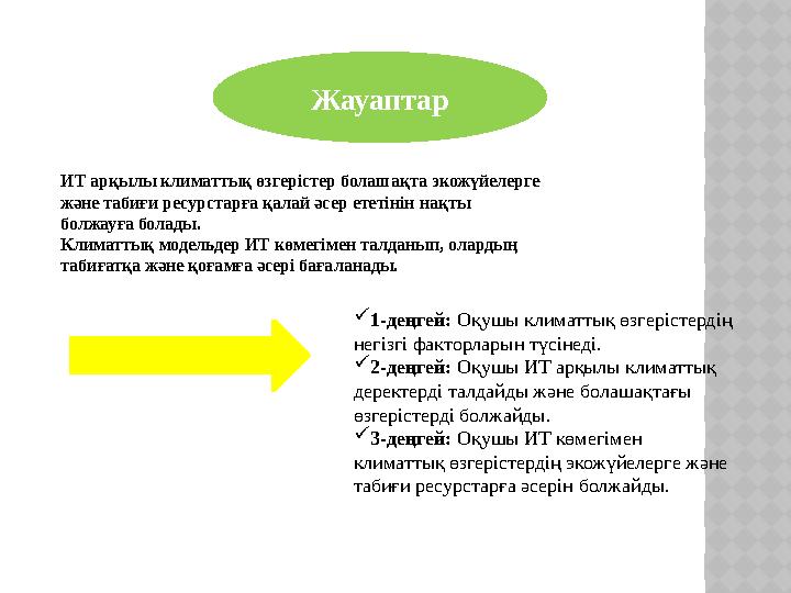 Жауаптар ИТ арқылы климаттық өзгерістер болашақта экожүйелерге және табиғи ресурстарға қалай әсер ететінін нақты болжауға бол