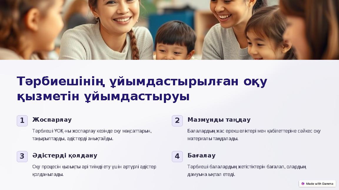 Тәрбиешінің ұйымдастырылған оқу қызметін ұйымдастыруы 1Жоспарлау Тәрбиеші ҰОҚ-ны жоспарлау кезінде оқу мақсаттарын, тақырыпта