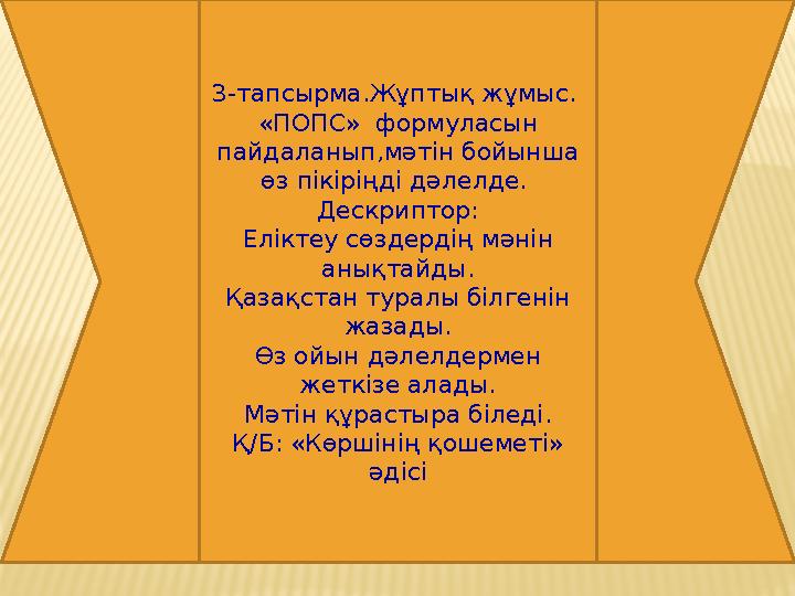 3-тапсырма.Жұптық жұмыс. «ПОПС» формуласын пайдаланып,мәтін бойынша өз пікіріңді дәлелде. Дескриптор: Еліктеу сөздердің мән