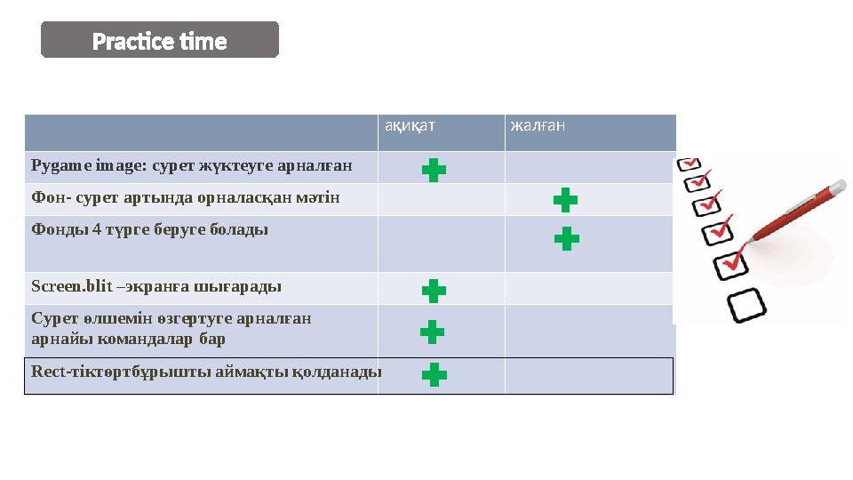 ақиқат жалған Pygame image: сурет жүктеуге арналған Фон- сурет артында орналасқан мәтін Фонды 4 түрге беруге болады Screen.bli