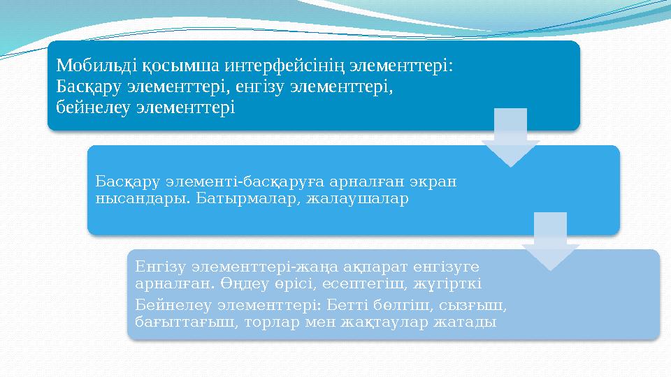 Мобильді қосымша интерфейсінің элементтері: Басқару элементтері, енгізу элементтері, бейнелеу элементтері Басқару элементі-б