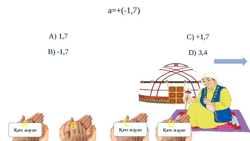 а=+(-1,7) A) 1,7 B) -1,7 C) +1,7 D) 3,4 Қате жауап Қате жауап Қате жауап А C D В