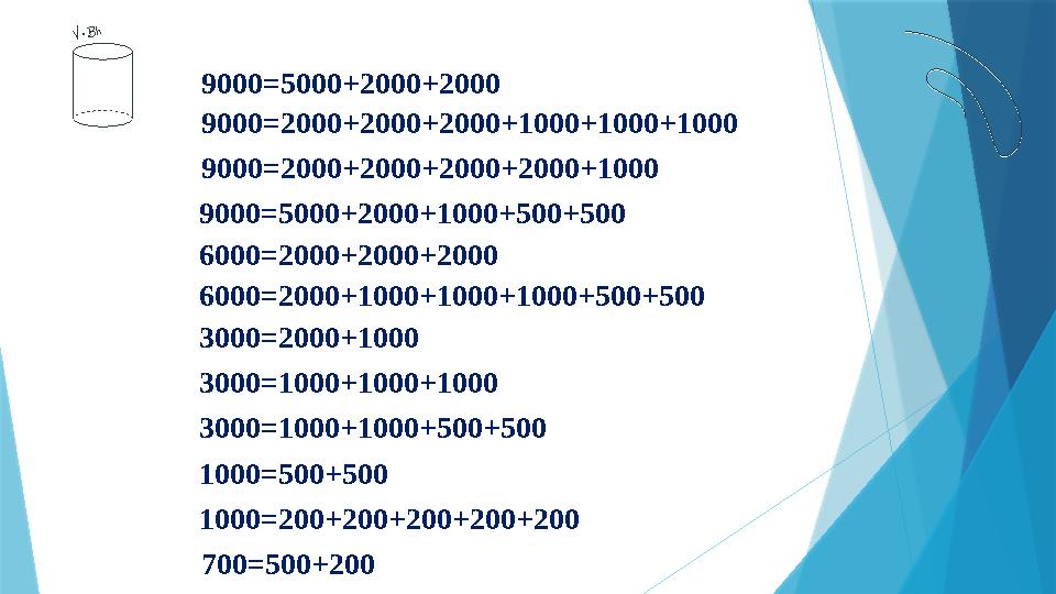 9000=5000+2000+2000 9000=2000+2000+2000+2000+1000 9000=5000+2000+1000+500+500 9000=2000+2000+2000+1000+1000+10