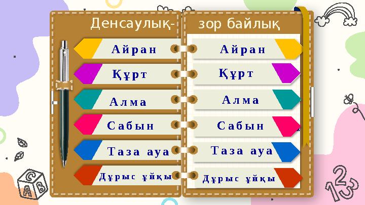 Айран Құрт Алма Сабын Таза ауа Д ұ р ы с ұ й қ ы Бұл сүттен жасалады. Оның денсаулыққа пайдасы зор. Спрайт ішкенше,