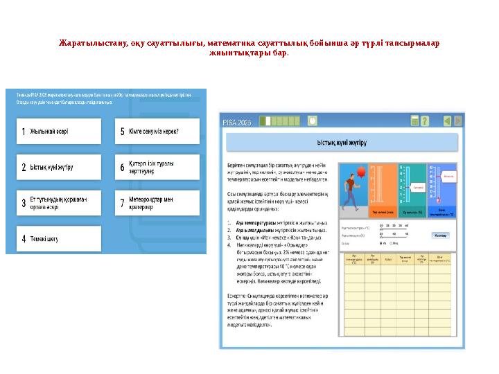 Жаратылыстану, оқу сауаттылығы, математика сауаттылық бойынша әр түрлі тапсырмалар жиынтықтары бар.