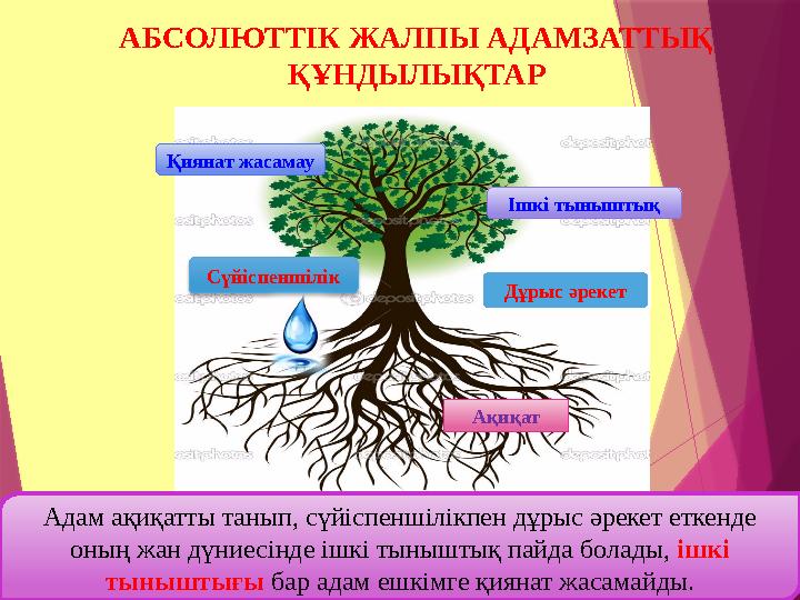 АБСОЛЮТТІК ЖАЛПЫ АДАМЗАТТЫҚ ҚҰНДЫЛЫҚТАР Қиянат жасамау Ішкі тыныштық Сүйіспеншілік Дұрыс әрекет Ақиқат Адам