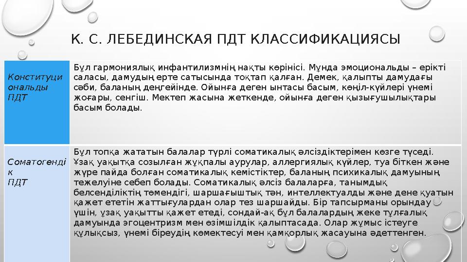 К. С. ЛЕБЕДИНСКАЯ ПДТ КЛАССИФИКАЦИЯСЫ Конституци ональды ПДТ Бұл гармониялық инфантилизмнің нақты көрінісі. Мұнда эмоциональды