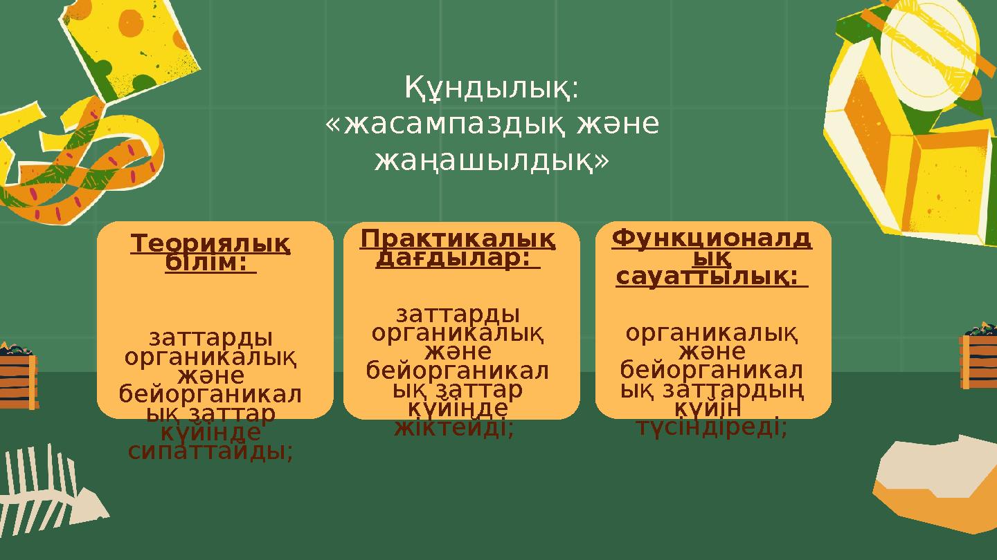 Құндылық: «жасампаздық және жаңашылдық» Теориялық білім: заттарды органикалық және бейорганикал ық заттар күйінде сипа