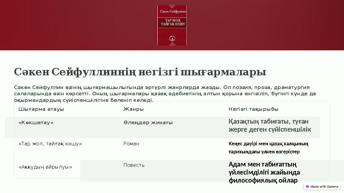 СәкенСейфуллинніңнегізгішығармалары Сәкен Сейфуллин өзінің шығармашылығында әртүрлі жанрларда жазды. Ол поэзия, проза, драмату