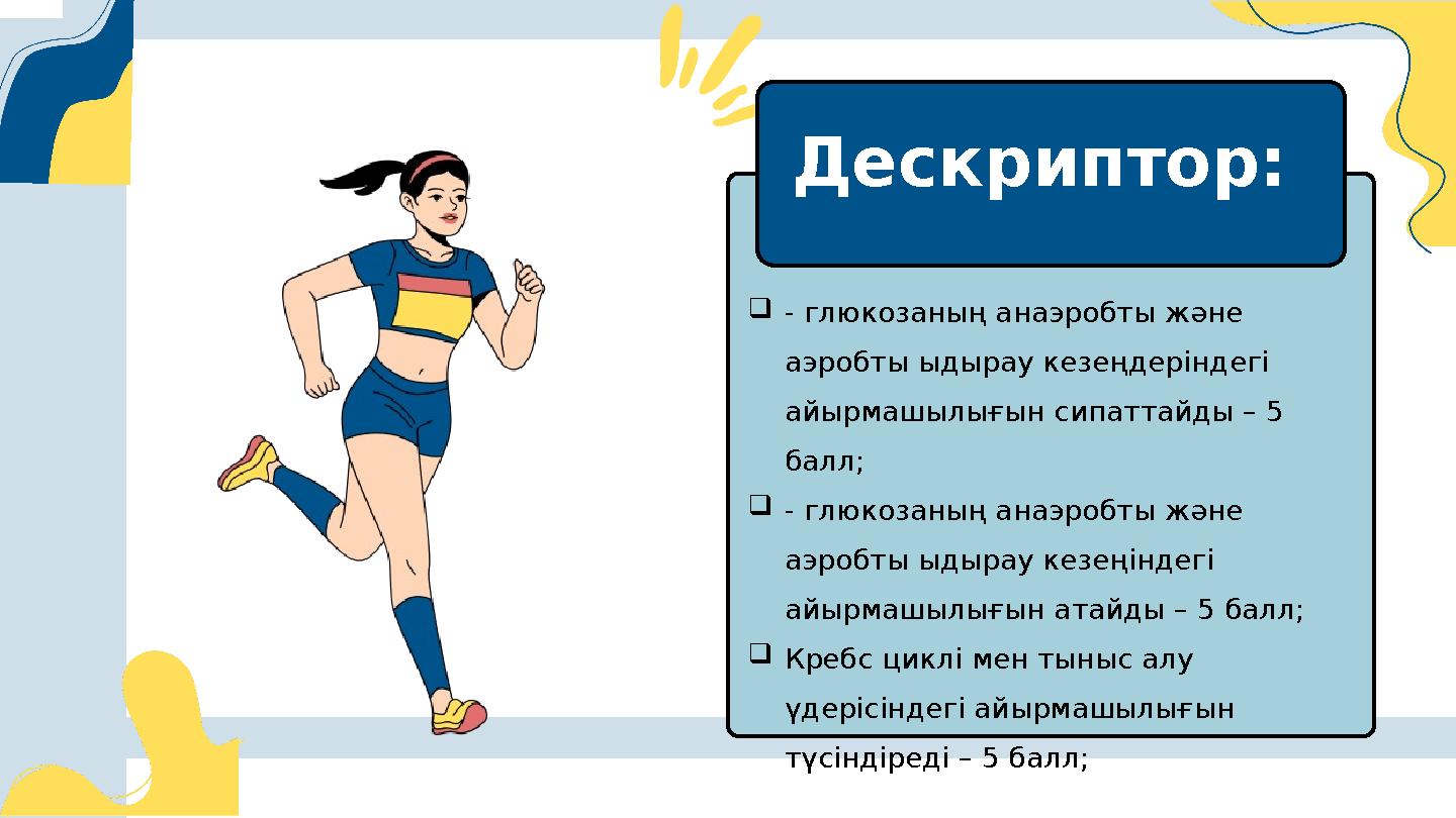 - глюкозаның анаэробты және аэробты ыдырау кезеңдеріндегі айырмашылығын сипаттайды – 5 балл; - глюкозаның анаэробты және