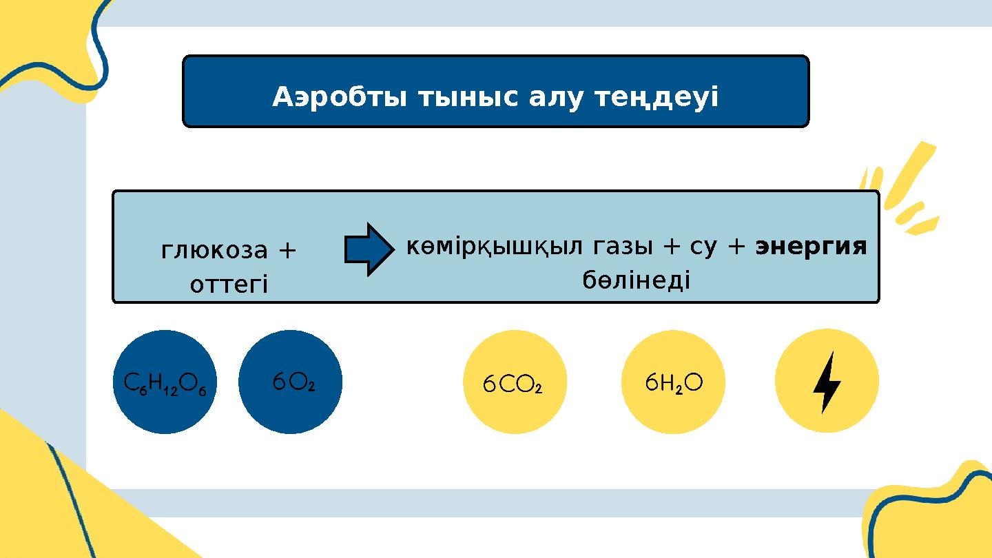 Аэробты тыныс алу теңдеуі глюкоза + оттегі көмірқышқыл газы + су + энергия бөлінеді