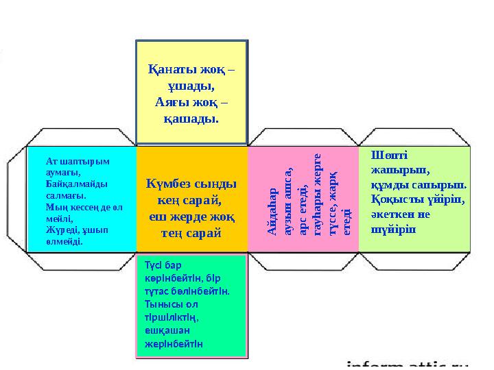 Қанаты жоқ – ұшады, Аяғы жоқ – қашады. Күмбез сынды кең сарай, еш жерде жоқ тең сарай Ат шаптырым аумағы, Байқалмайды сал