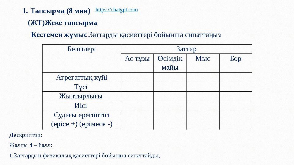 1.Тапсырма (8 мин) (ЖТ)Жеке тапсырма Кестемен жұмыс.Заттарды қасиеттері бойынша сипаттаңыз Белгілері Заттар Ас тұзыӨсімдік май