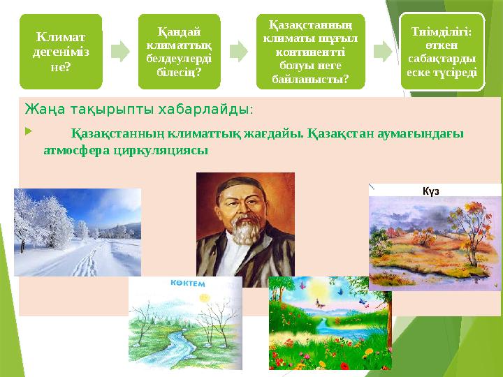 Климат дегеніміз не? Қандай климаттық белдеулерді білесің? Қазақстанның климаты шұғыл континентті болуы