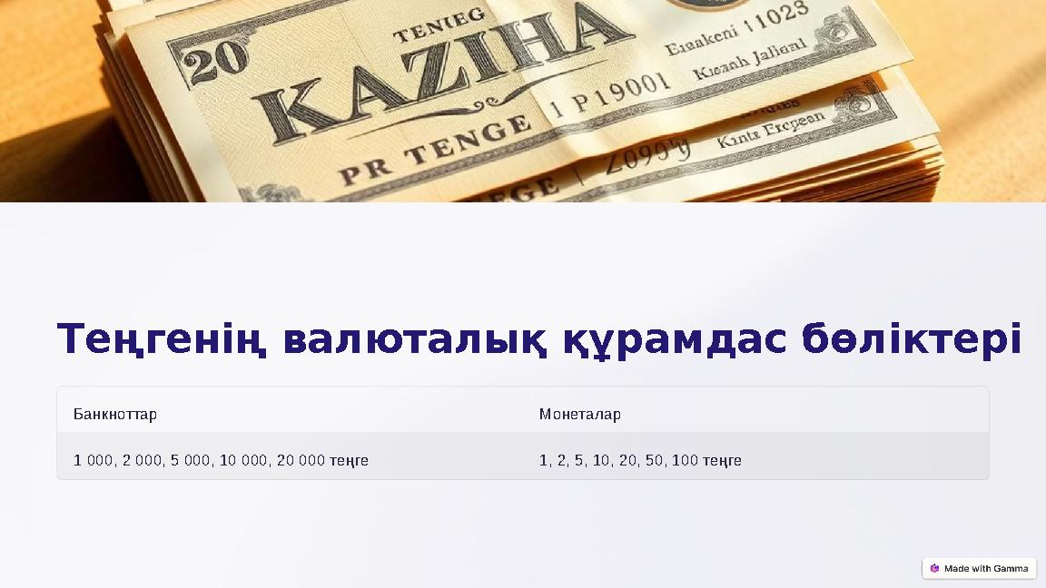 Теңгенің валюталық құрамдас бөліктері Банкноттар Монеталар 1 000, 2 000, 5 000, 10 000, 20 000 теңге 1, 2, 5, 10, 20, 50, 10