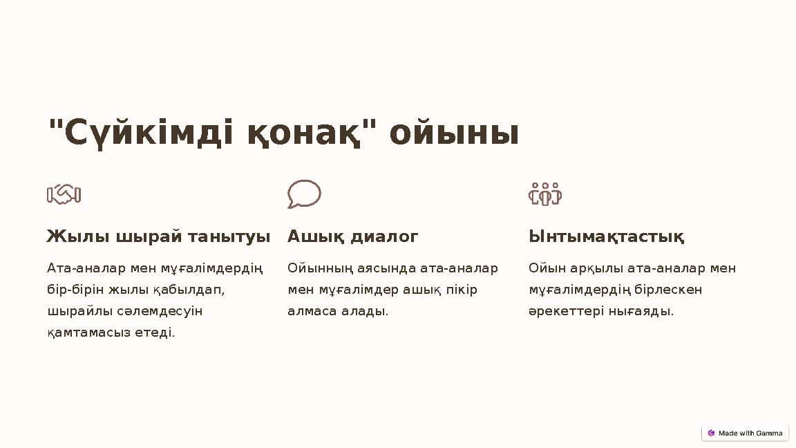 "Сүйкімді қонақ" ойыны Жылы шырай танытуы Ата-аналар мен мұғалімдердің бір-бірін жылы қабылдап, шырайлы сәлемдесуін қамтамасы