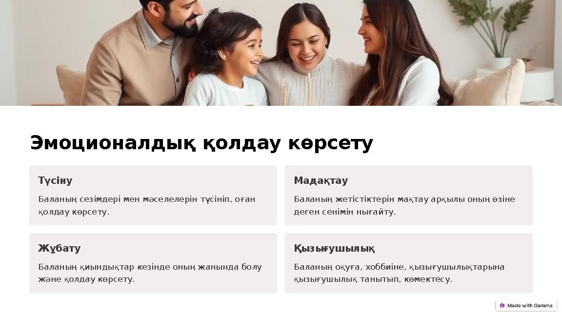 Эмоционалдық қолдау көрсету Түсіну Баланың сезімдері мен мәселелерін түсініп, оған қолдау көрсету. Мадақтау Баланың жетістіктер