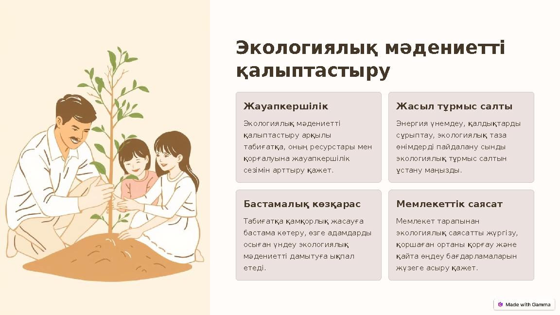 Экологиялық мәдениетті қалыптастыру Жауапкершілік Экологиялық мәдениетті қалыптастыру арқылы табиғатқа, оның ресурстары мен