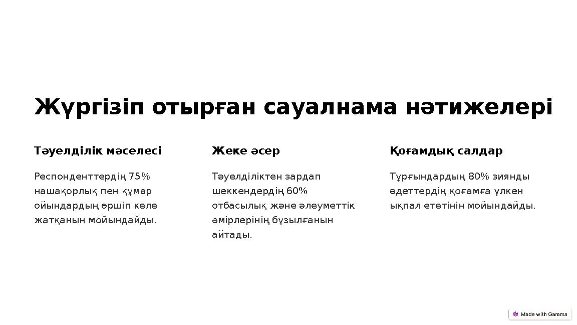 Жүргізіп отырған сауалнама нәтижелері Тәуелділік мәселесі Респонденттердің 75% нашақорлық пен құмар ойындардың өршіп келе жат