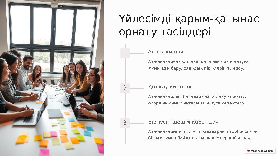 Үйлесімді қарым-қатынас орнату тәсілдері 1 Ашық диалог Ата-аналарға өздерінің ойларын еркін айтуға мүмкіндік беру, олардың пік