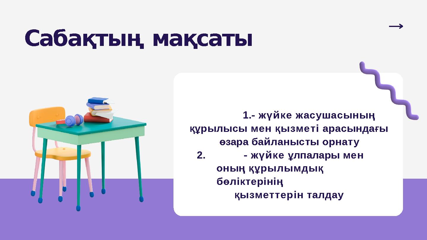 Сабақтың мақсаты 1.- жүйке жасушасының құрылысы мен қызметі арасындағы өзара байланысты орнату 2. - жүйке ұлпалары мен оның құ