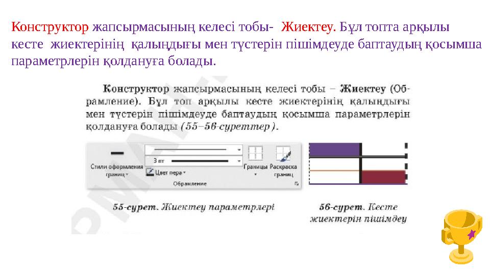 Конструктор жапсырмасының келесі тобы- Жиектеу. Бұл топта арқылы кесте жиектерінің қалыңдығы мен түстерін пішімдеуде баптауды