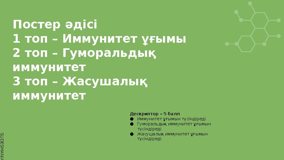 S L I D E S M A N I A . C O M Постер әдісі 1 топ – Иммунитет ұғымы 2 топ – Гуморальдық иммунитет 3 топ – Жасушалық иммунитет