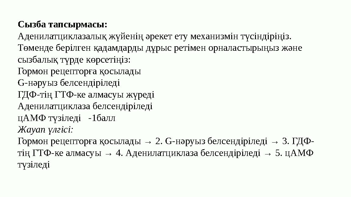 Сызба тапсырмасы: Аденилатциклазалық жүйенің әрекет ету механизмін түсіндіріңіз. Төменде берілген қадамдарды дұрыс ретімен орна