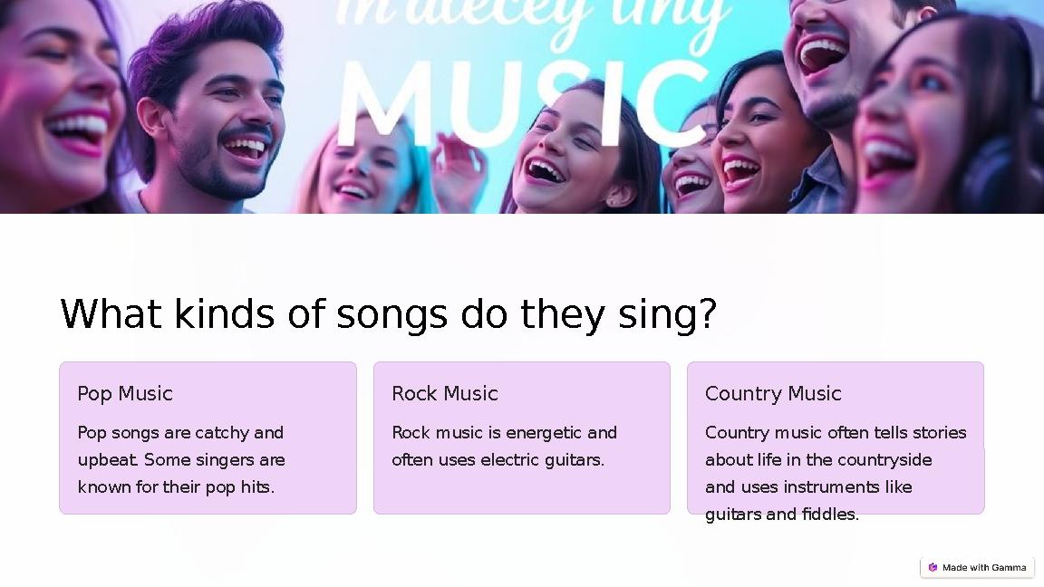 What kinds of songs do they sing? Pop Music Pop songs are catchy and upbeat. Some singers are known for their pop hits. Rock