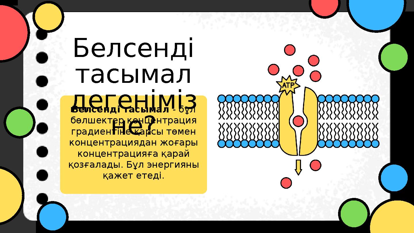 Белсенді тасымал - бұл бөлшектер концентрация градиентіне қарсы төмен концентрациядан жоғары концентрацияға қарай қозғалад